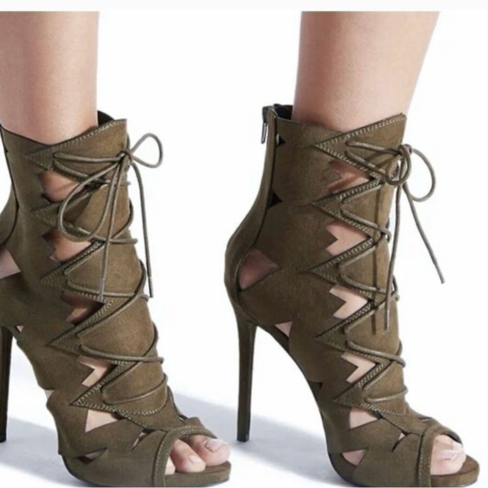 Shoe Dazzle Khaki Lace-Up Heels